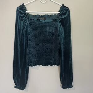 Laundry Shelli Segal Crushed‎ Velvet Sz M Green Cropped Long Sleeve Top Peasant